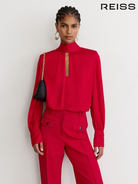 Red - Reiss Kenny High-neck Tie-back Keyhole Blouse