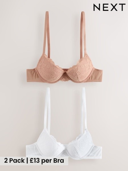 Praline Nude/White - Push Up Plunge Lace Bras 2 Pack