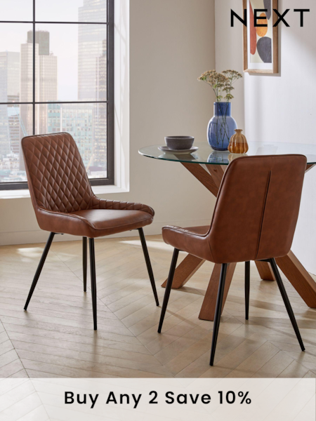 Set of 2 Faux Leather Tan Brown Hamilton Black Leg Quilted Dining Chairs (592994) | £260