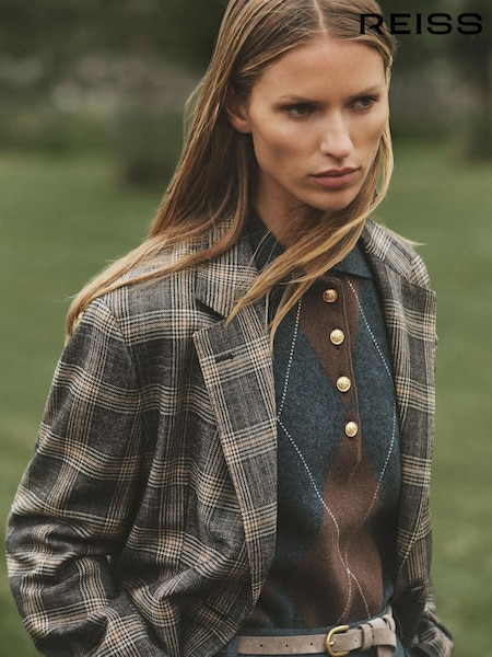 Brown - Reiss Sandor Check Wool Check Relaxed Single-breasted Blazer