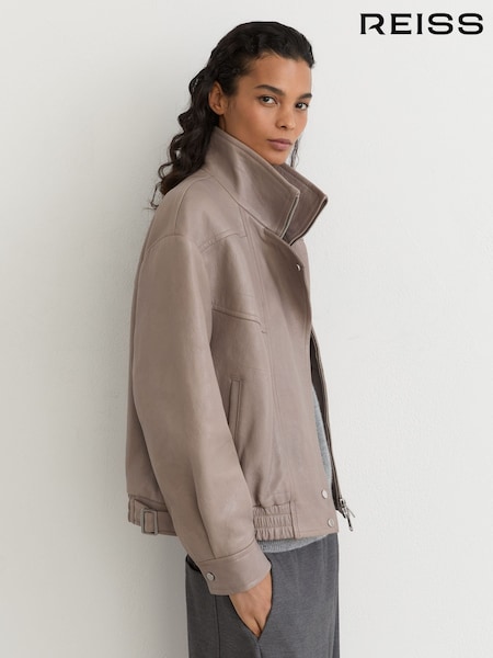 Grey - Reiss Petra Textured Leather Oversized Jacket