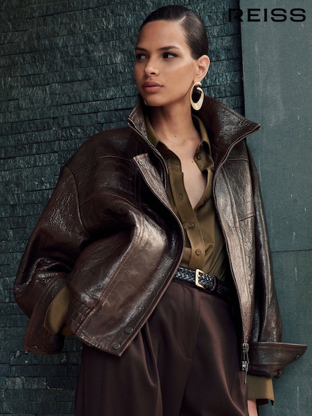 Aubergine - Reiss Petra Textured Leather Oversized Jacket