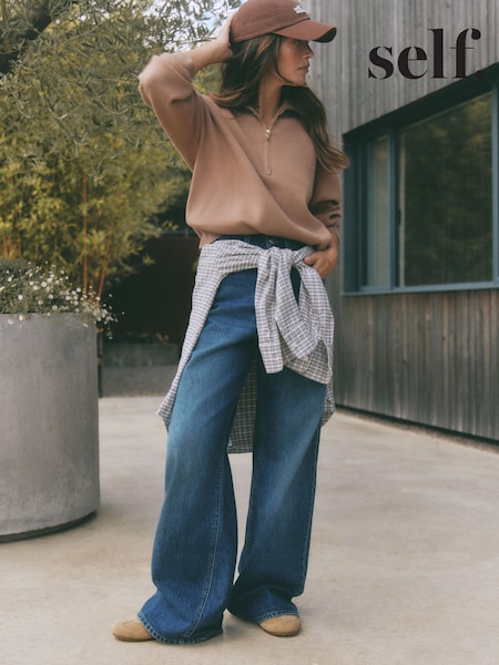 Dark Blue - Self. Mid Rise Wide Leg Jeans