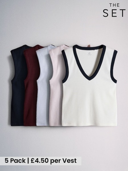 Navy/Burgundy/Pink/Ecru - The Set 5 Pack Deep V-neck Ribbed Vests