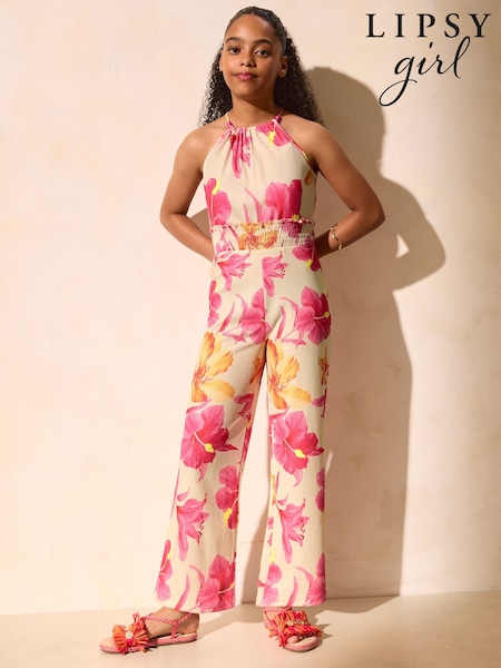Pink Orange - Lipsy Tropical Print Jersey Jumpsuit (7-16yrs)