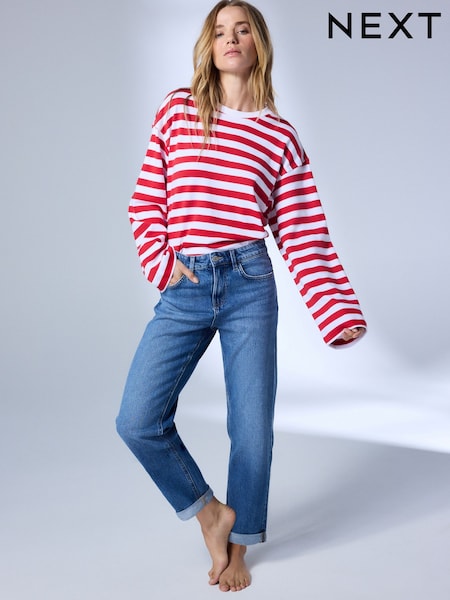 Mid Blue Denim - Stretch Boyfriend Jeans