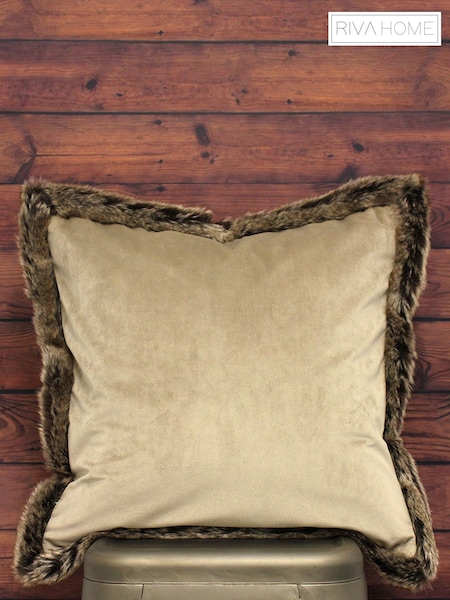 Riva Paoletti Taupe Beige Kiruna Faux Fur Trim Polyester Filled Cushion (597050) | £17