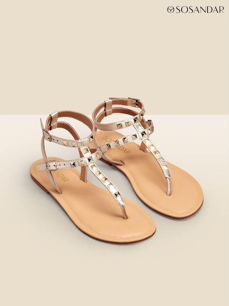 Sosandar Gold Studded Gladiator Leather Flat Sandals (597647) | £45