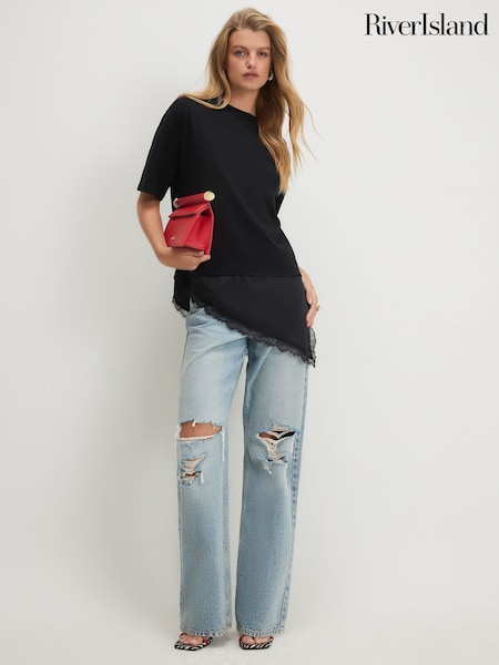 Black - River Island Cotton Lace Hem Aysmmetric T-shirt
