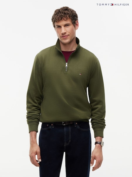Green - Regular Tommy Hilfiger Peached Fleece Quarter Zip Sweatshirt