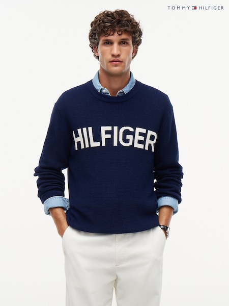 Blue - Regular Tommy Hilfiger Intarsia Logo Waffle Knit Relaxed Jumper