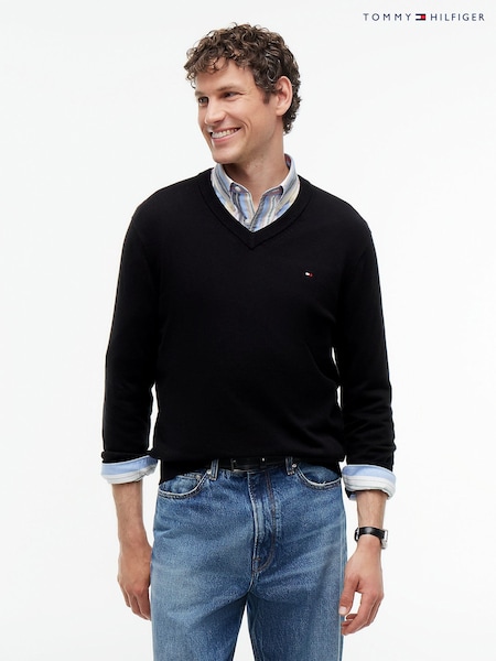 Black - Regular Tommy Hilfiger V-neck Jumper With Cashmere