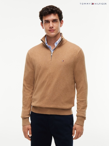 Brown - Regular Tommy Hilfiger Mock Neck Quarter Zip Jumper With Cashmere