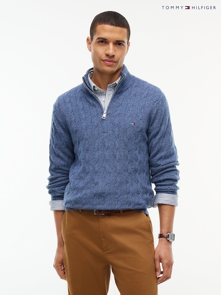 Blue - Regular Tommy Hilfiger Pure Lambswool Cable Knit Quarter Zip Jumper