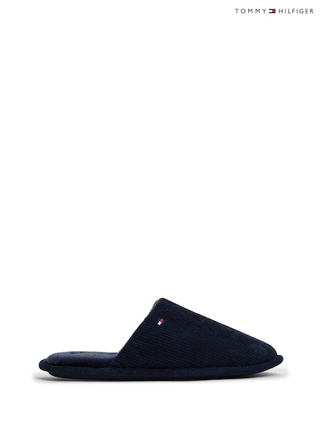 Blue - Regular Tommy Hilfiger Flag Embroidery Corduroy Slippers