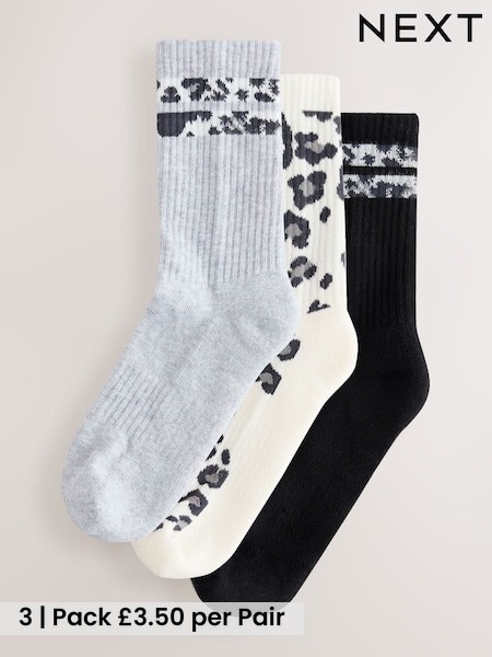 Grey Animal Stripe - Cushion Sole Ribbed Sport Ankle With Arch Support Socks 3 Pack