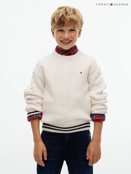 Cream - Tommy Hilfiger Cable Knit Polo Jumper