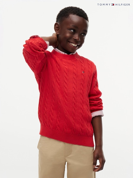 Red - Tommy Hilfiger Cable Knit Crew Neck Jumper