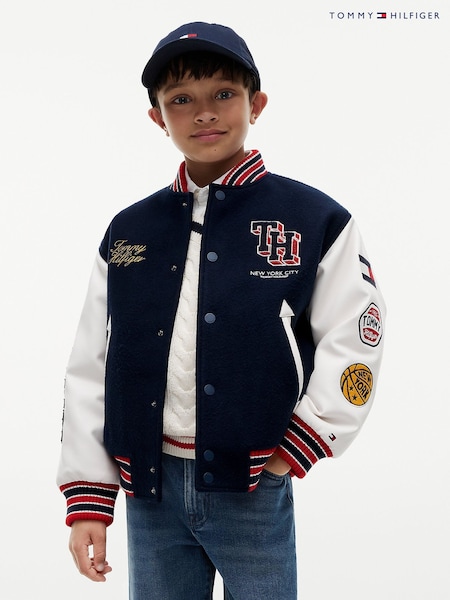 Blue - Tommy Hilfiger Bouclé Logo Embroidery Relaxed Bomber Jacket
