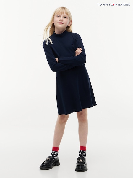 Blue - Tommy Hilfiger Essential Ribbed Mock Neck Skater Dress
