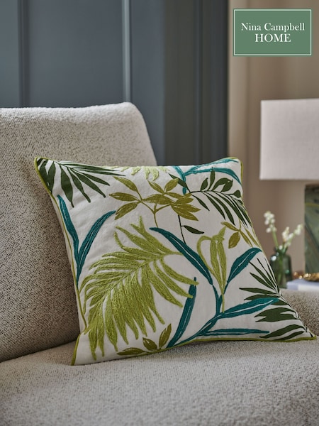 Nina Campbell Green/Blue Nassau Leaf Embroidered Cushion (609178) | £35