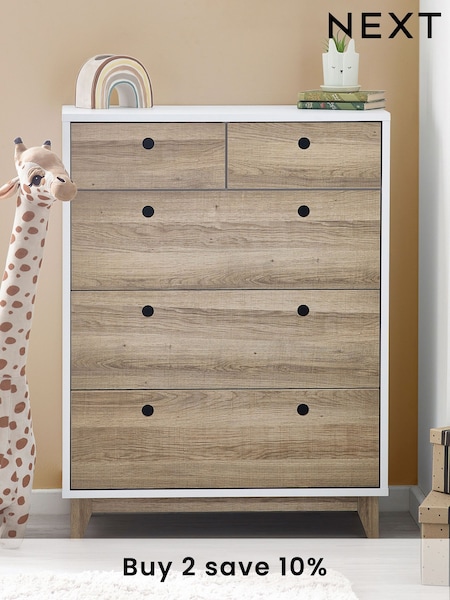 White/Wood Effect Parker Kids 5 Drawer Chest of Drawers (609302) | £350