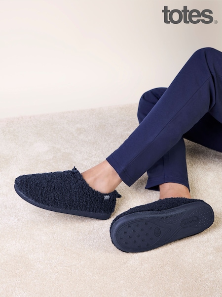 Blue - Regular Totes Borg Full Back Slippers With Toggle