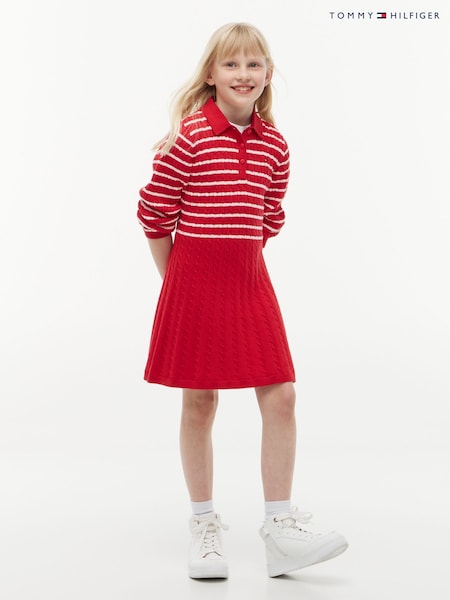 Red - Tommy Hilfiger Cable Knit Polo Jumper Dress