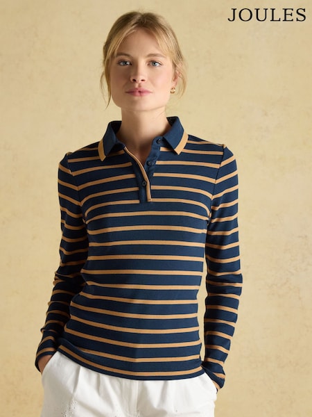 Joules Fairfield Navy Blue & Brown Ribbed Long Sleeve Striped Polo Shirt (611133) | £39.95
