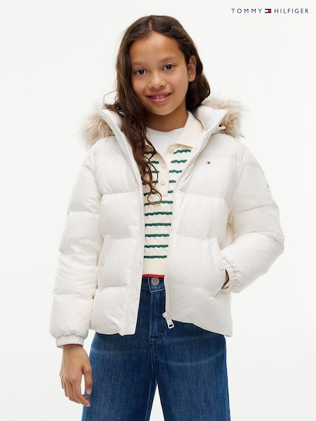 White - Tommy Hilfiger Essential Faux Fur Trim Down Jacket