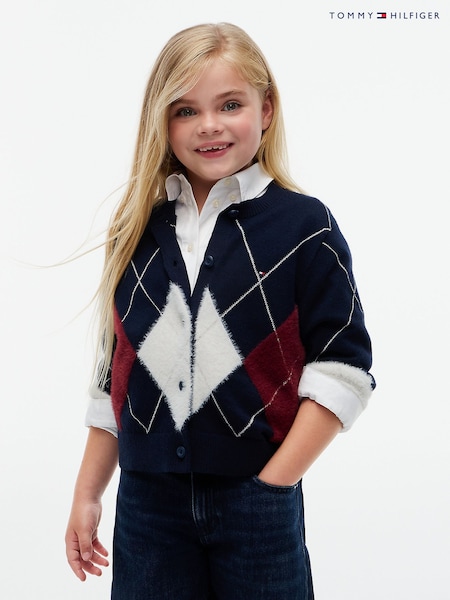 Blue - Tommy Hilfiger Argyle Relaxed Cardigan With Wool