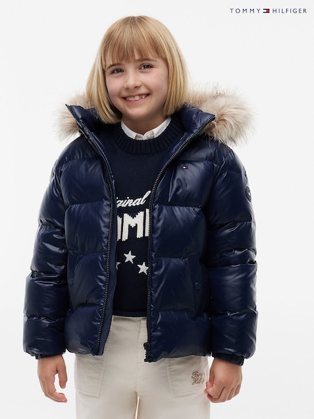 Blue - Tommy Hilfiger Essential Faux Fur Trim Down Jacket