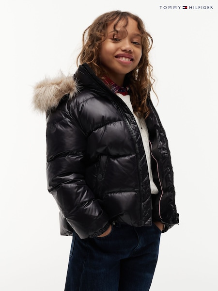 Black - Tommy Hilfiger Essential Faux Fur Trim Down Jacket