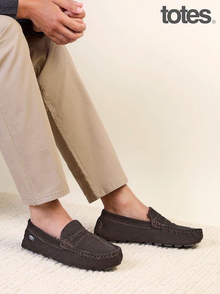 Brown - Regular Totes Suede Moccasin Slippers With Faux Fur Lining