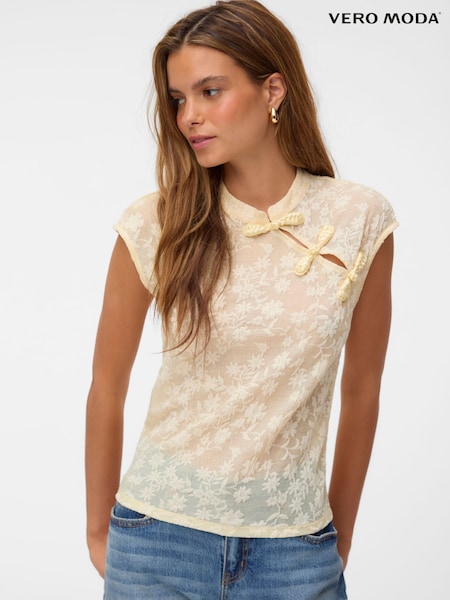 Yellow - Vero Moda Sleeveless Mandarin Lace Top