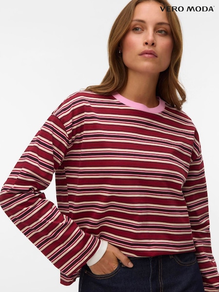 Pink - Vero Moda Long Sleeve Contrast Crew Neck Stripe Top