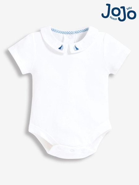 JoJo Maman Bébé White Boat Embroidered Collar Bodysuit (619119) | £15 - £16