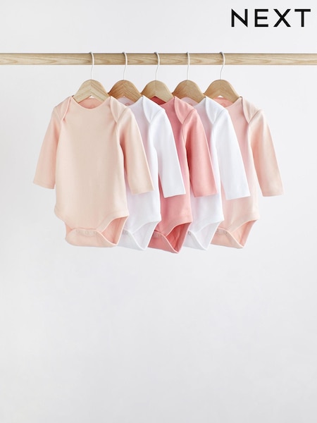Pink/White 5 Pack Essential Long Sleeve 100% Cotton Baby Bodysuits (619349) | £11 - £13