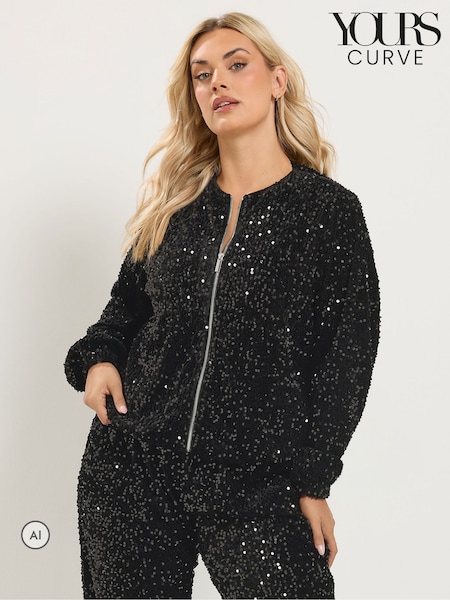 Black - Yours Curve Sequin Bomber Jacket