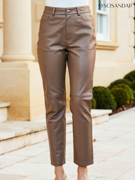 Sosandar Taupe Leather Straight Leg Trousers (620526) | £179