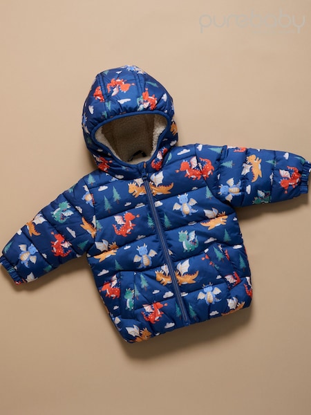 Blue - Purebaby Shearling Lined Printed Puffer Jacket