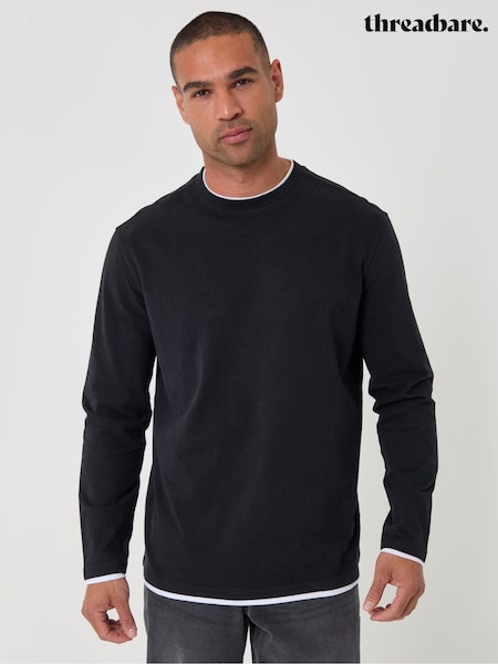 Black - Regular Threadbare Relaxed Fit Mock Layer Long Sleeve T-shirt