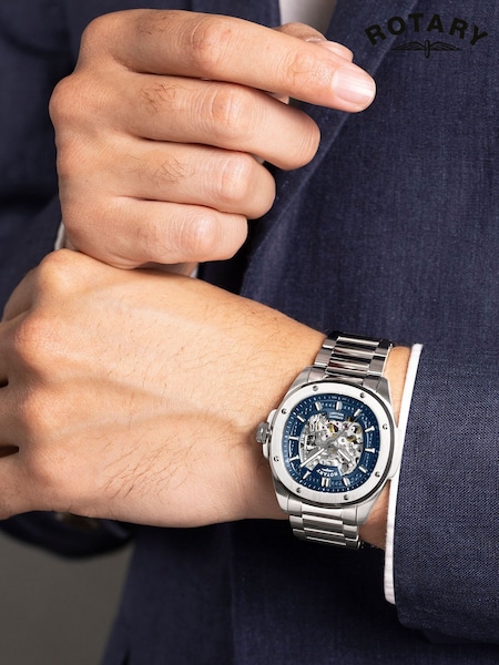 Silver - Regular Rotary Mens Apex Automatic Skeleton Blue Dial Stainless Steel Bracelet Watch