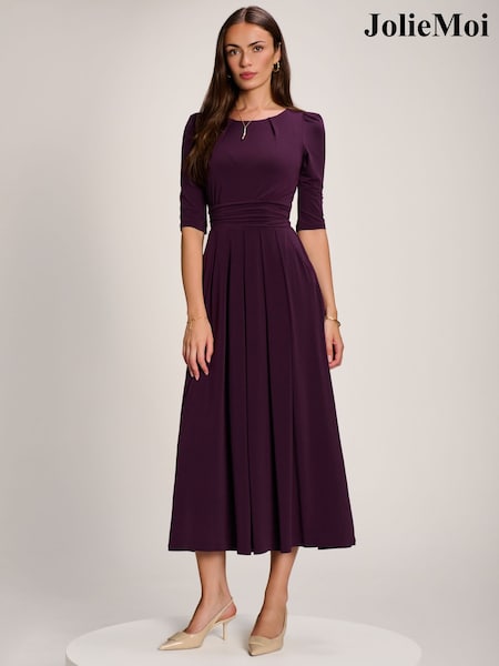Purple - Jolie Moi 3/4 Sleeve Plain Jersey Maxi Dress
