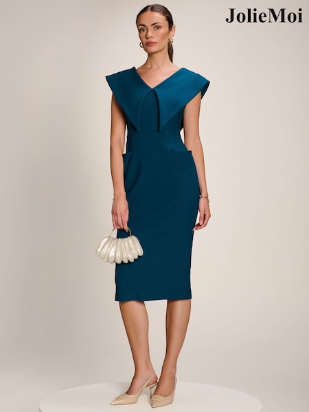 Blue - Jolie Moi Statement Collar Hourglass Midi Dress