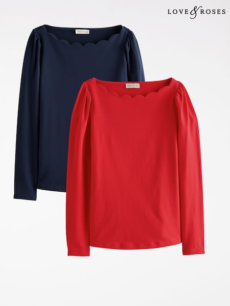 Navy Blue and Red - Love & Roses Scallop Boat Neck Long Sleeve Top