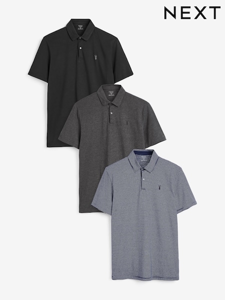 Blue/Charcoal/Black Regular Fit Short Sleeve Jersey Polo Shirts 3 Pack (627013) | £40