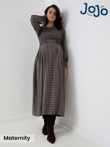 Black Check - Jojo Maman Bébé Long Sleeve Shirred Maternity Midi Dress