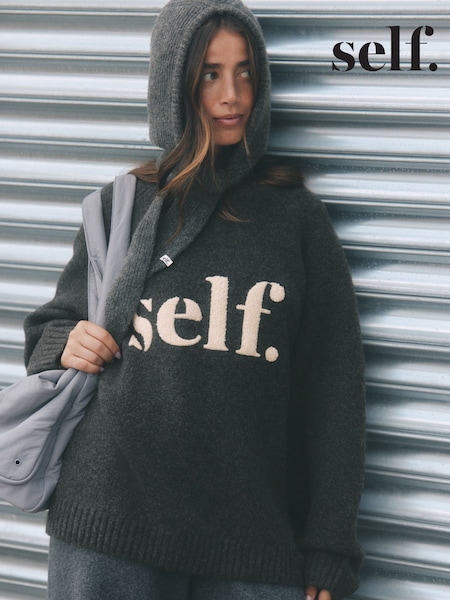 Charcoal Grey - Self. Knitted Slogan Jumper