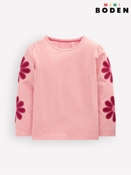 Pink - Boden Puff Sleeve Appliqué T-shirt